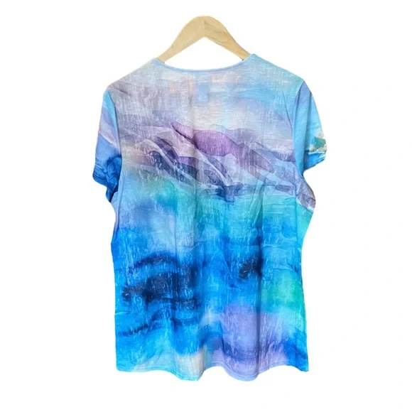 Chico’s Santorini High/Low V-neck Short Sleeve Watercolor Top - Size 3 (US 16) - Picture 2 of 9